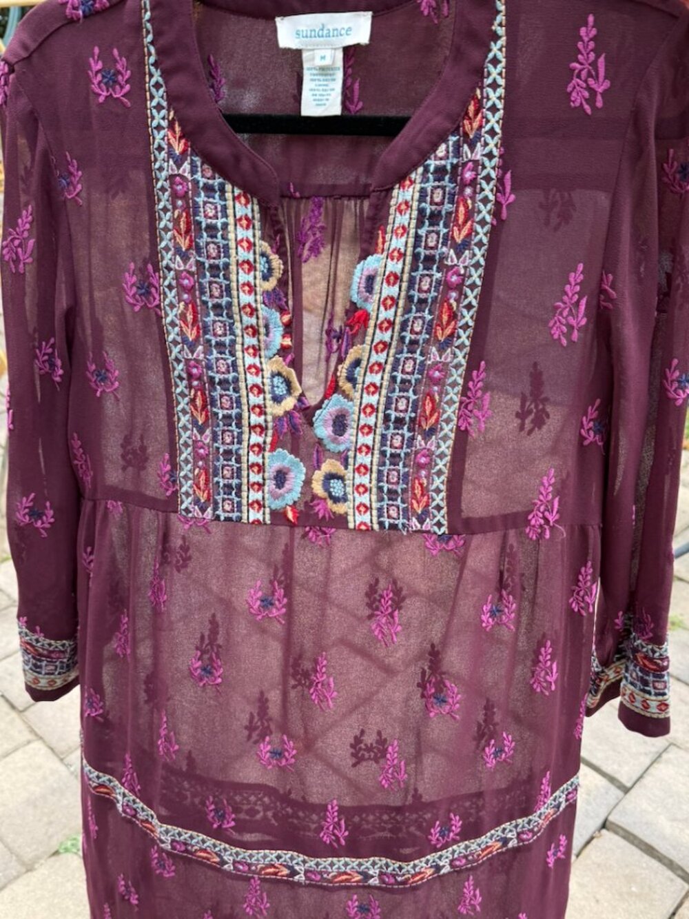 Sundance embroidered burgundy sheer dress cover up size M